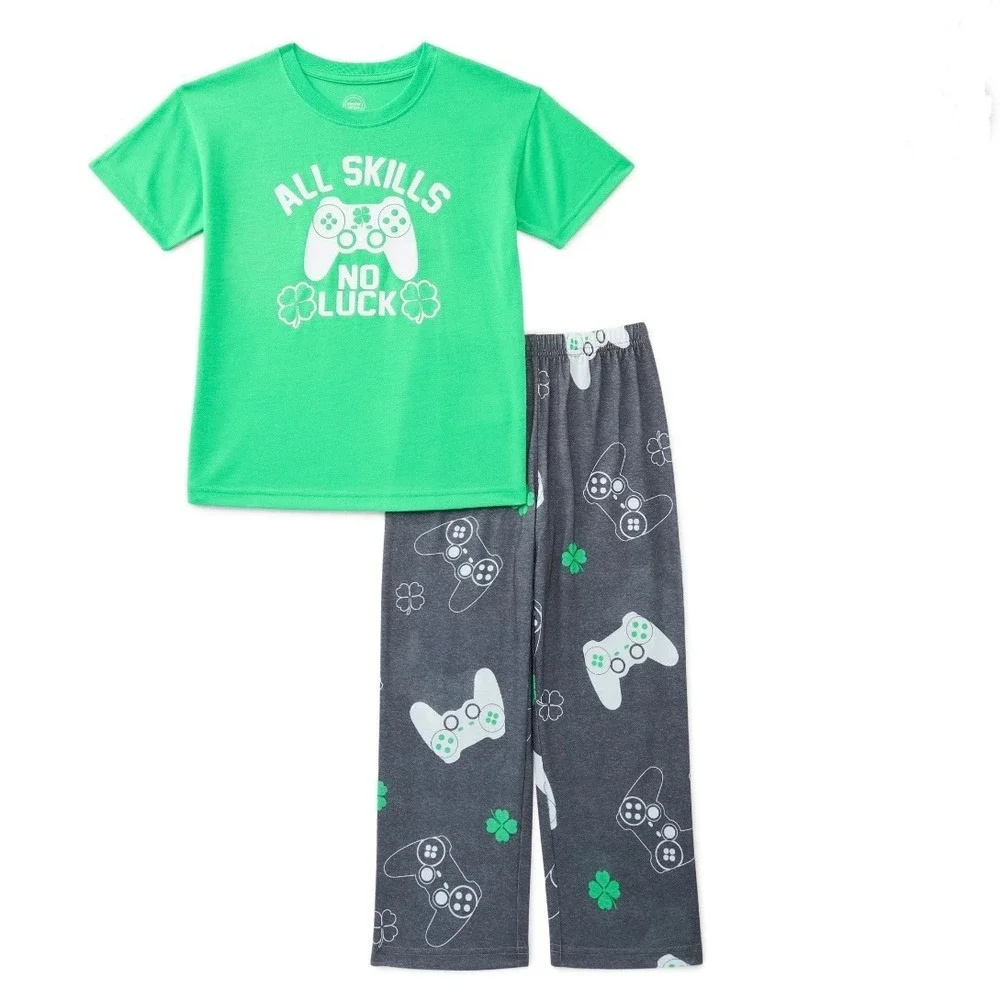 Wonder Nation Kids XL 14-16 Gamer St Patricks Day‎ Pajama Set All Skills No Luck